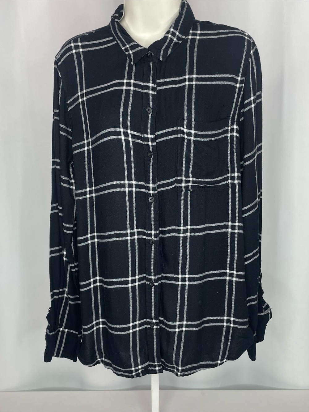 Lucky Brand Plaid Button Back Shirt Blouse Black White Size L